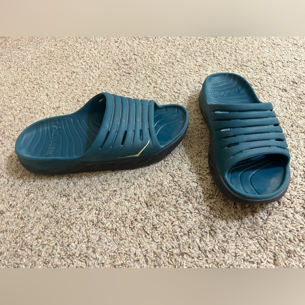 HOKA ONE ONE Men's Ora Recovery Teal Slide Sandals Black Travel Comfort Size 12